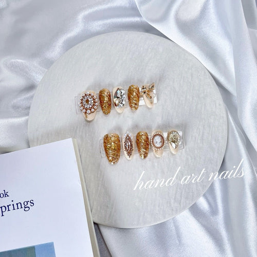 Amber Gold Pearl Handmade Press On Nails - Handartnails
