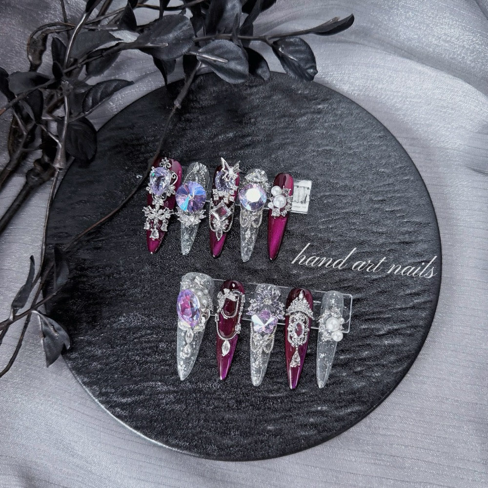 "Amethyst Royal Core" - 3D Jeweled Plum Mismatched Press-On Nails - Handartnails