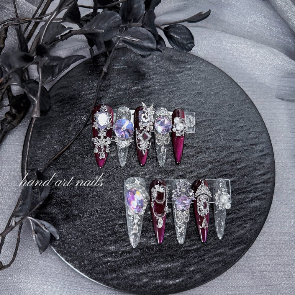 "Amethyst Royal Core" - 3D Jeweled Plum Mismatched Press-On Nails - Handartnails