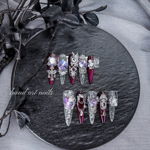 "Amethyst Royal Core" - 3D Jeweled Plum Mismatched Press-On Nails - Handartnails