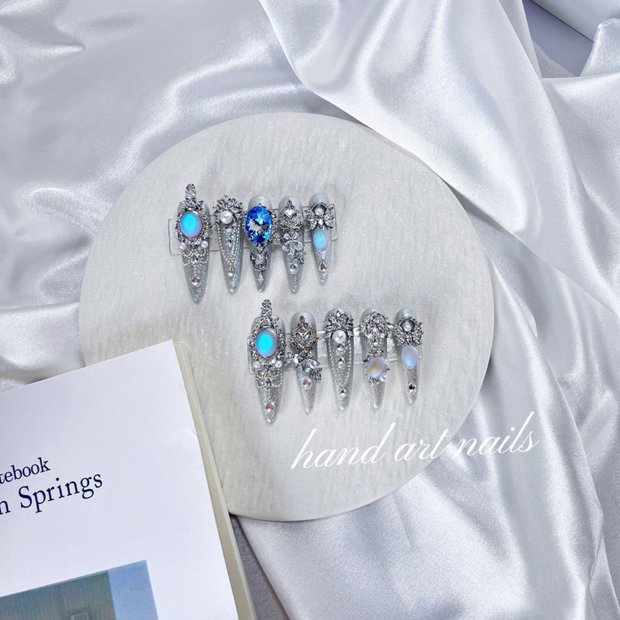 Aqua Opal Silver Handmade Press On Nails