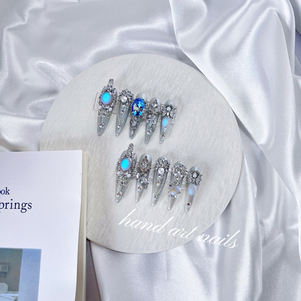 Aqua Opal Silver Handmade Press On Nails - Handartnails
