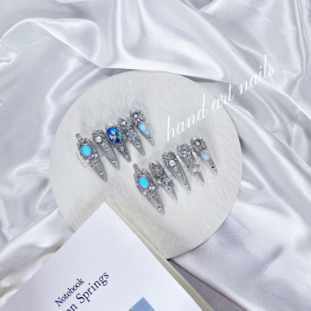 Aqua Opal Silver Handmade Press On Nails - Handartnails