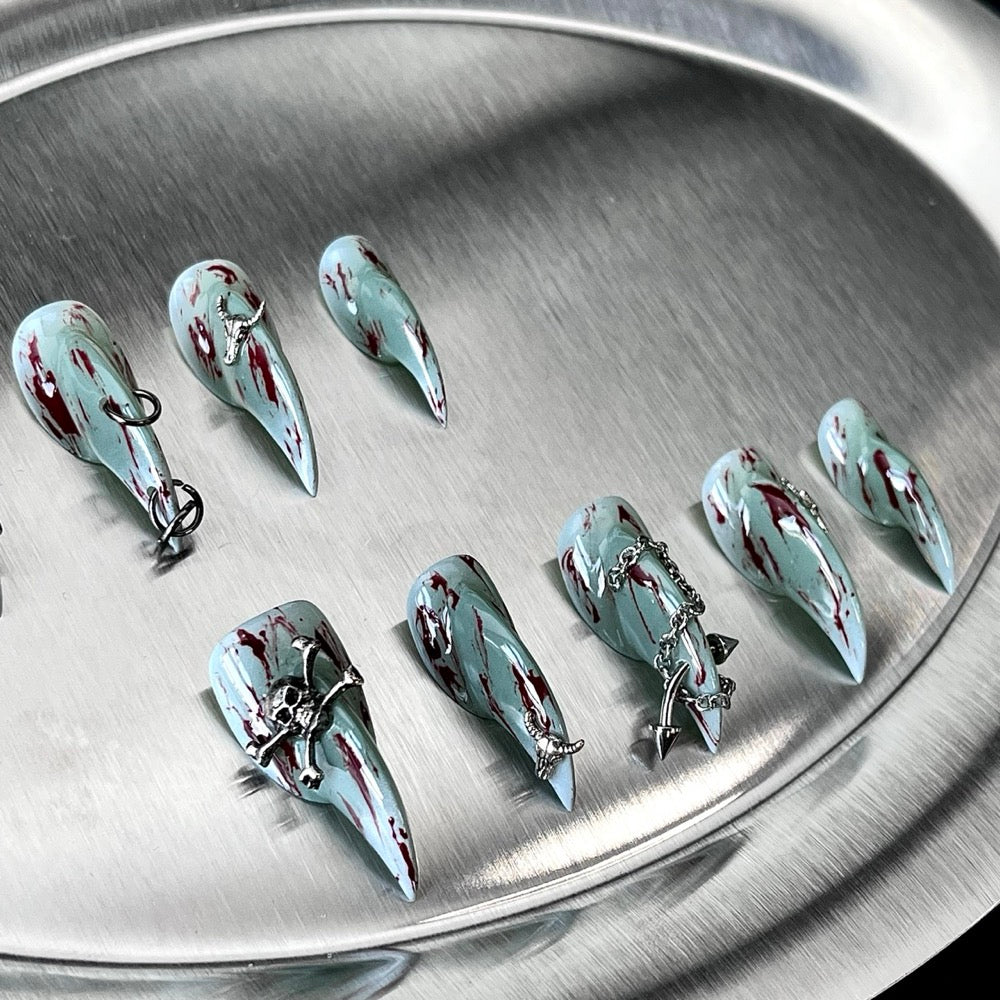 Glacial Cross - Icy Blue Gothic Handmade Cat Claw Press-On Nails
