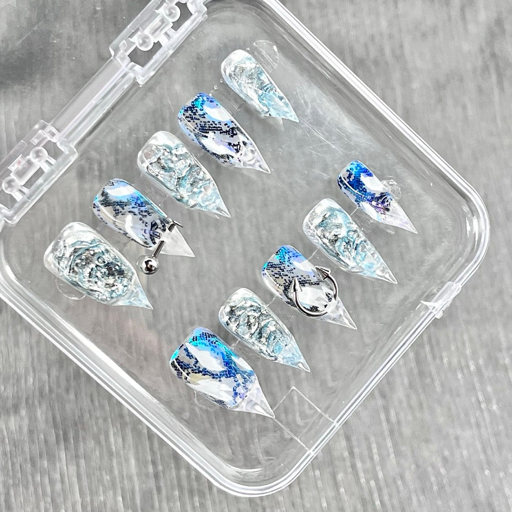 "Blue Viper Foil" - Y2K Pierced Snake Print Press-On Nails