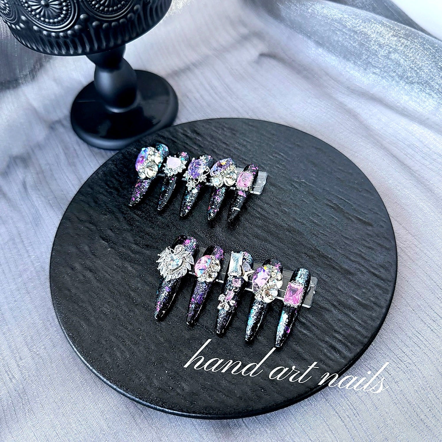 Black and Purple Sparkling Rhinestone Handmade Long Press-On Nails - Handartnails