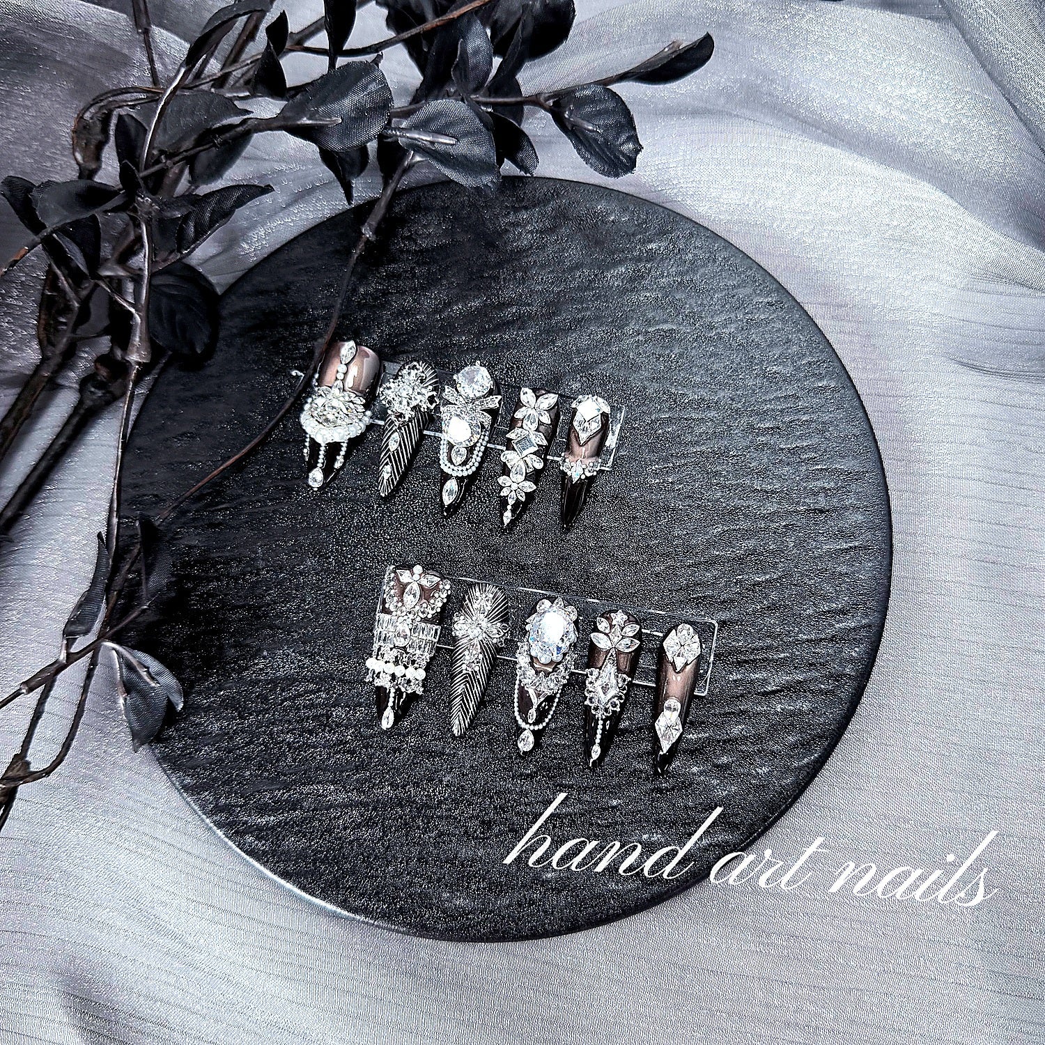 Black and Silver Luxury Handmade Press-On Nails - Handartnails