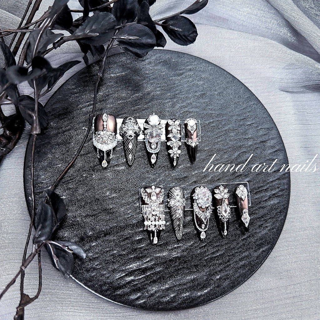 Black and Silver Luxury Handmade Press-On Nails - Handartnails