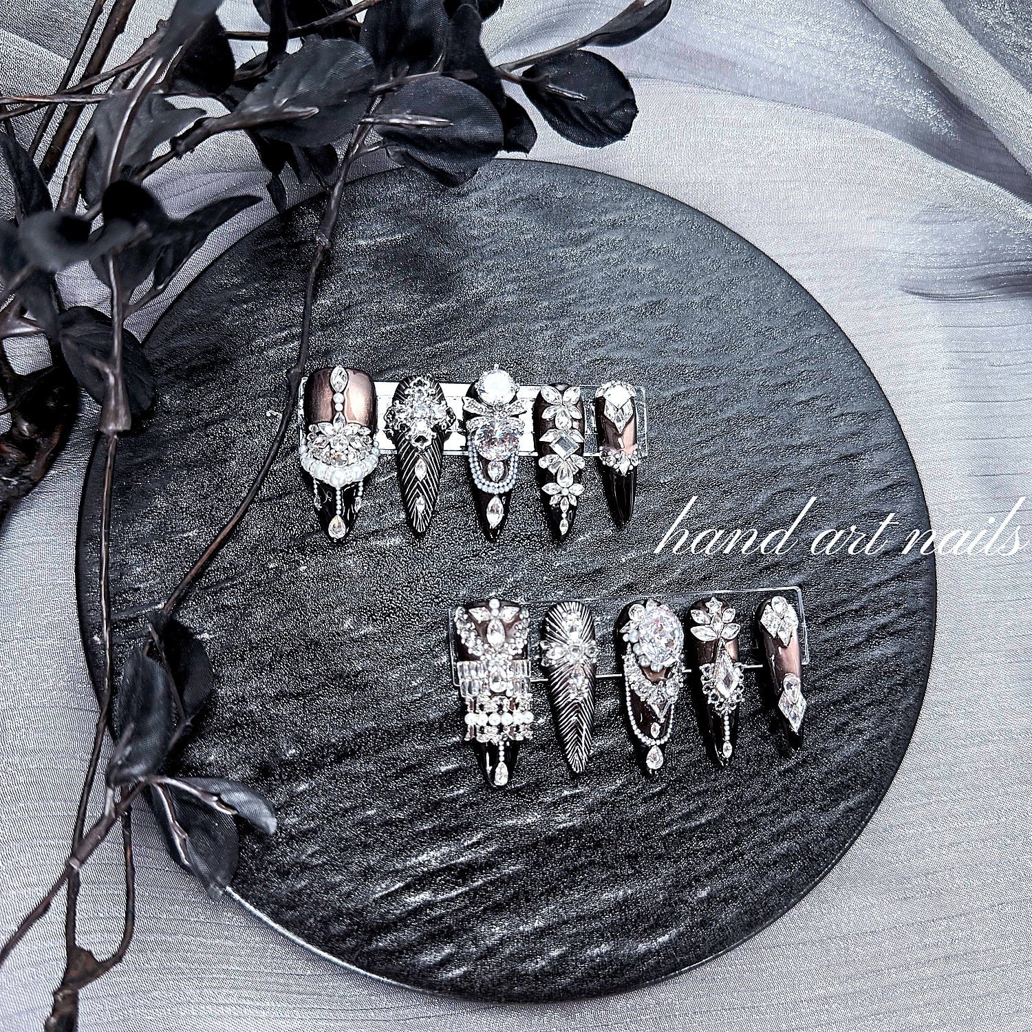 Black and Silver Luxury Handmade Press-On Nails - Handartnails