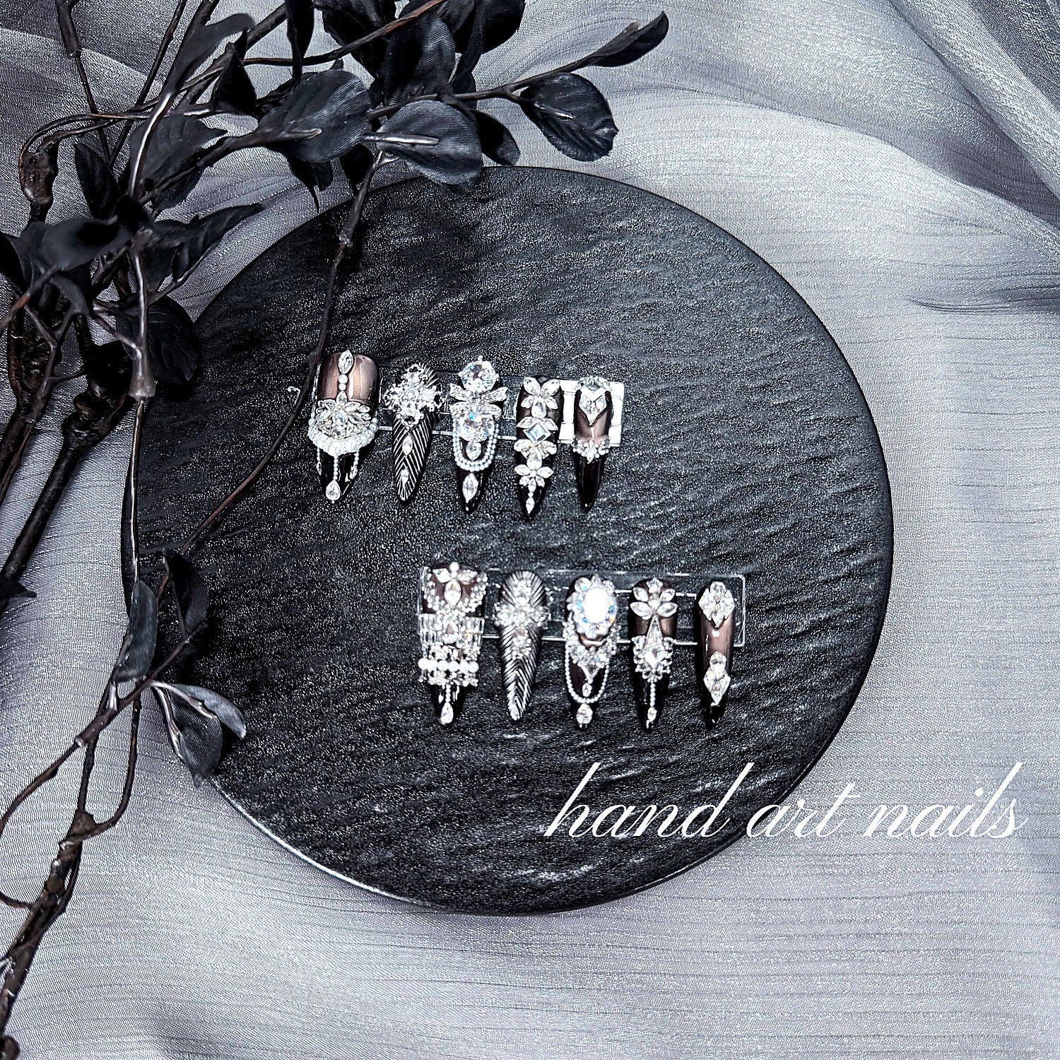Black and Silver Luxury Handmade Press-On Nails - Handartnails