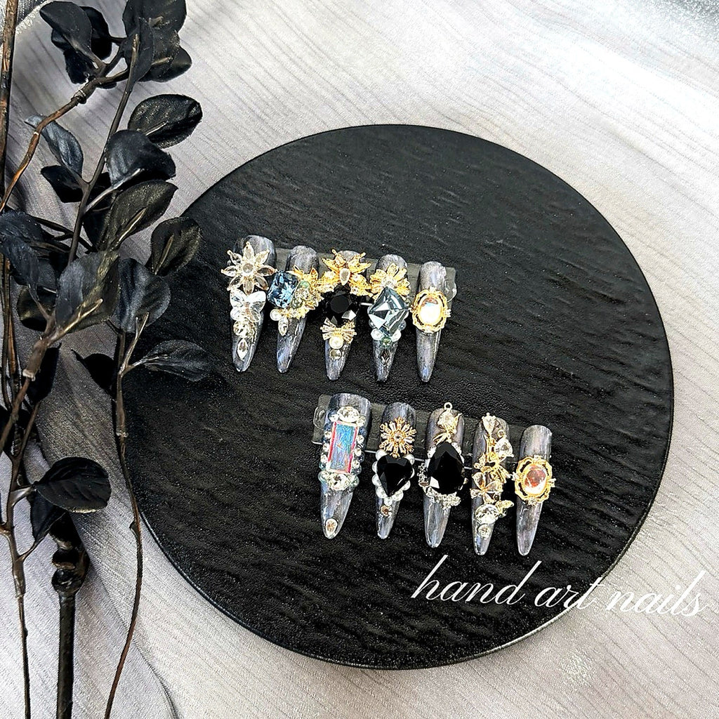 Black Silver Luxury Gemstone Handmade Press-On Nails - Handartnails