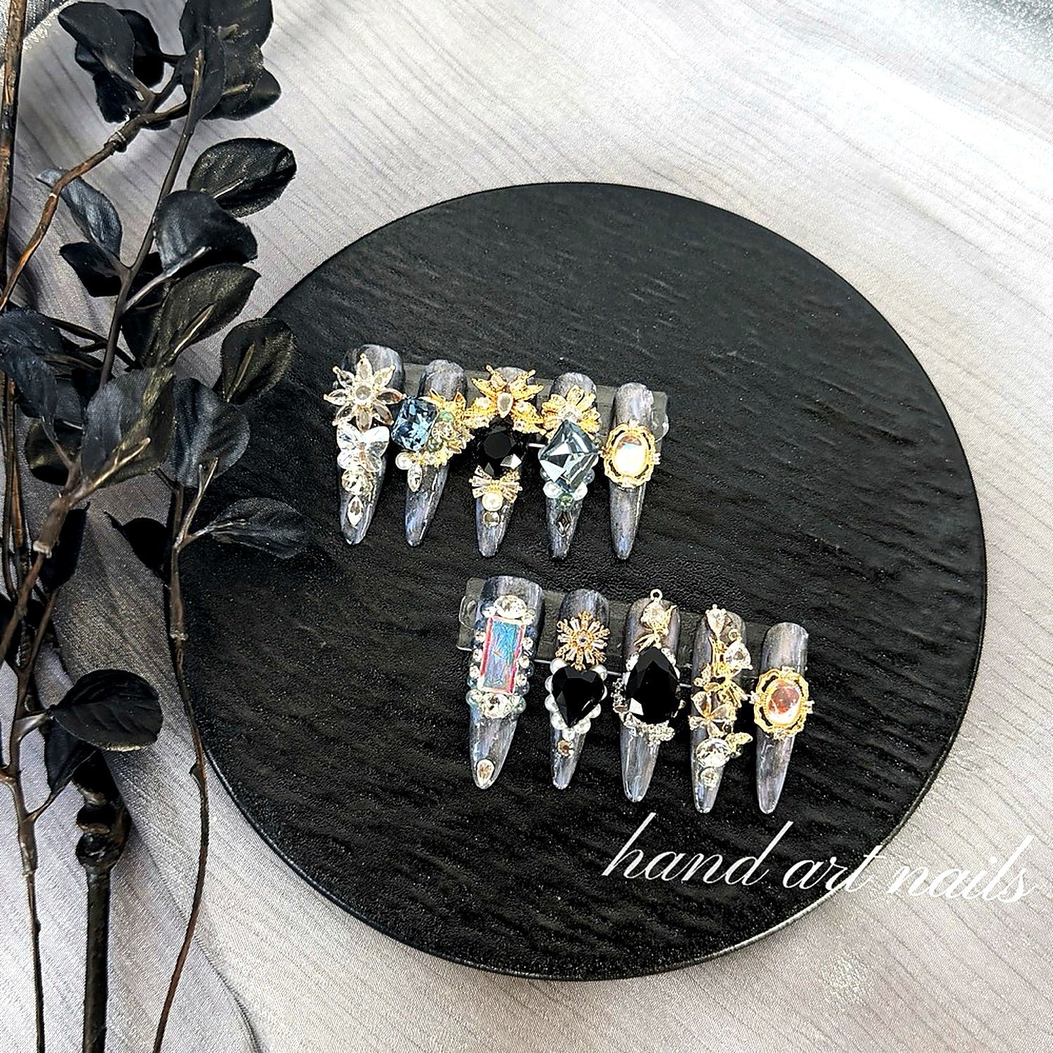 Black Silver Luxury Gemstone Handmade Press-On Nails - Handartnails
