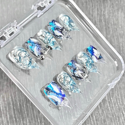 "Blue Viper Foil" - Y2K Pierced Snake Print Press-On Nails - Handartnails