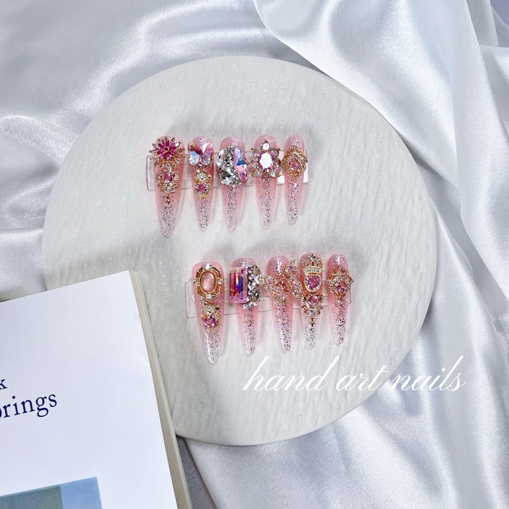 Blush Pink Butterfly Crystal Handmade Press On Nails - Handartnails