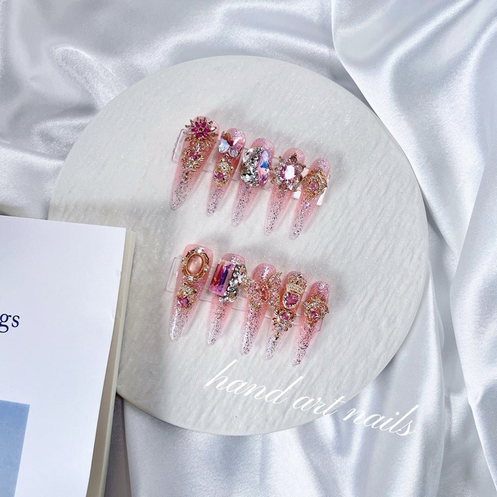 Blush Pink Butterfly Crystal Handmade Press On Nails - Handartnails