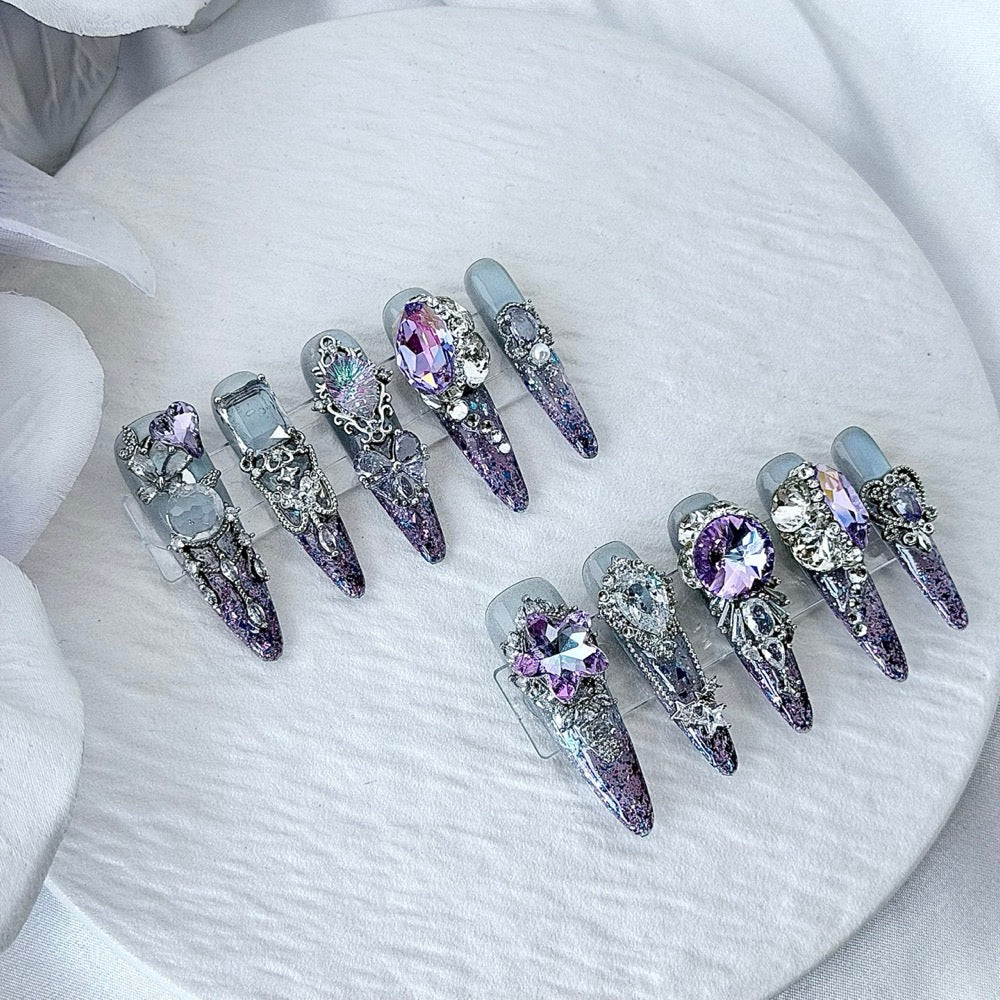 handartnails: "Amethyst Moonlight" – Purple Crystal Cat Eye Handmade Stiletto Nails