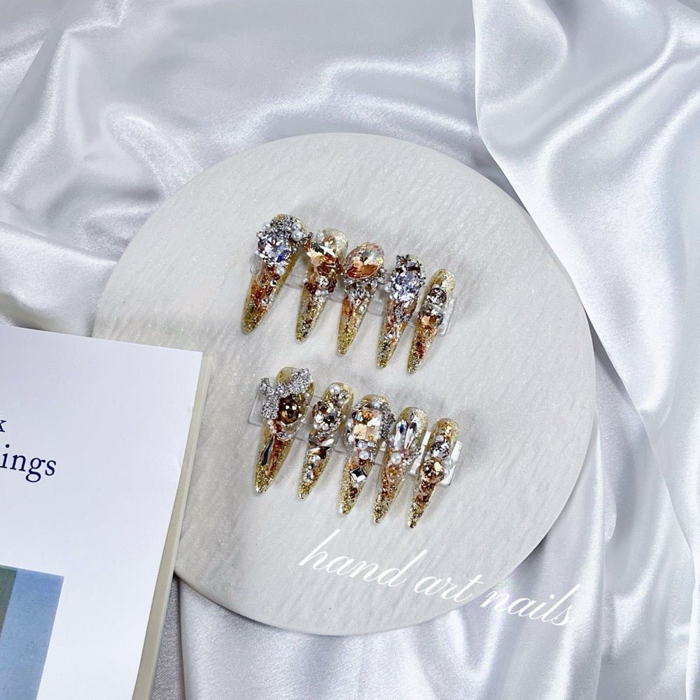 Champagne Gold Crystal Handmade Press On Nails - Handartnails