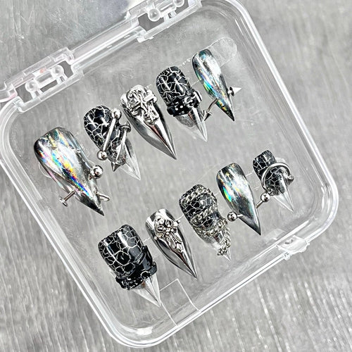 "Chrome Crackle Armor" - Holographic Cyber Gothic Nails - Handartnails