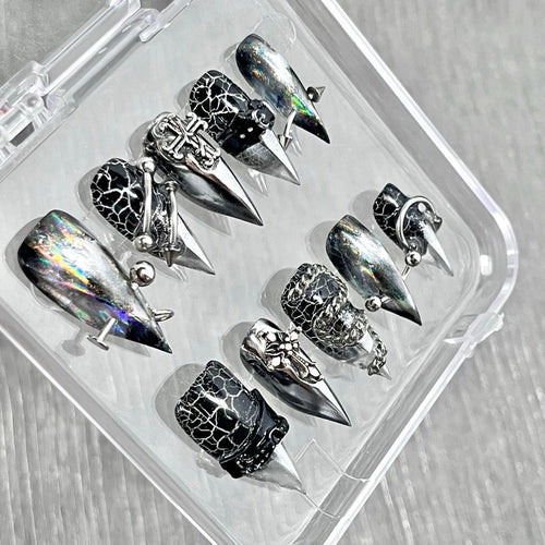 "Chrome Crackle Armor" - Holographic Cyber Gothic Nails - Handartnails