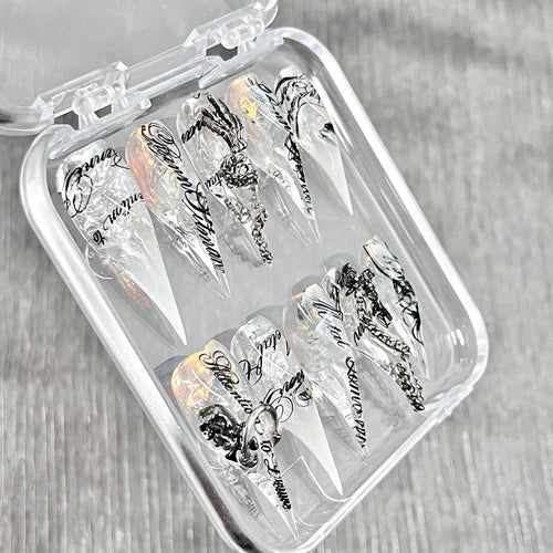 "Clear Skeleton Script" - 3D Pierced Gothic Press-On Nails - Handartnails