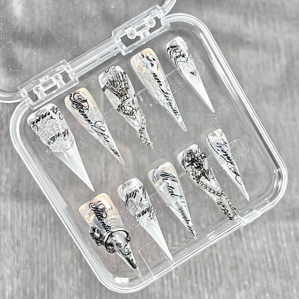 "Clear Skeleton Script" - 3D Pierced Gothic Press-On Nails - Handartnails