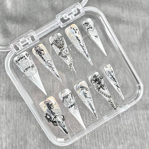 "Clear Skeleton Script" - 3D Pierced Gothic Press-On Nails - Handartnails