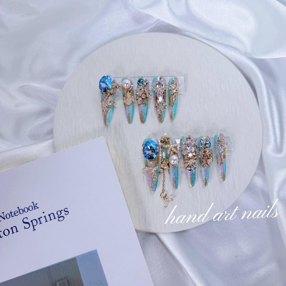 Crystal Aqua Garden Handmade Press On Nails - Handartnails