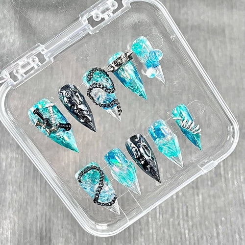 "Cyber Teal Ice" - 3D Heavy Metal Cyberpunk Nails - Handartnails