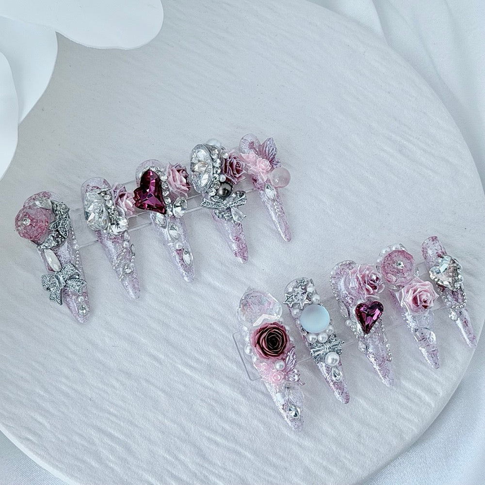 handartnails: "Rose Crystal Reverie" – 3D Rose Gemstone Glitter Handmade Stiletto Nails