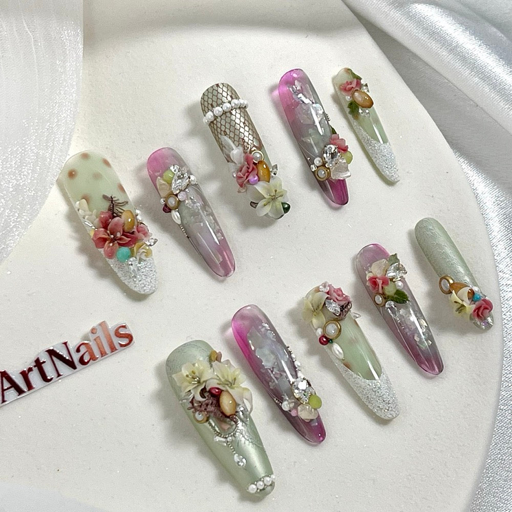 Verdant Opulence - Baroque Floral Jewel Press-On Nails