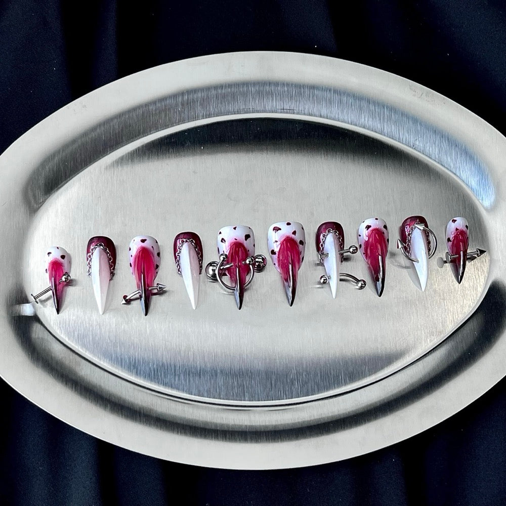 Cherry Cross - Pink White Gothic Handmade Cat Claw Press-On Nails