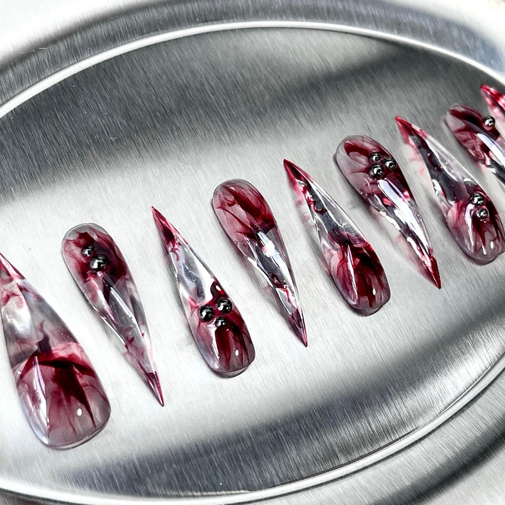 Crimson Ink XL - Red Marble Long Handmade Dragon Press-On Nails