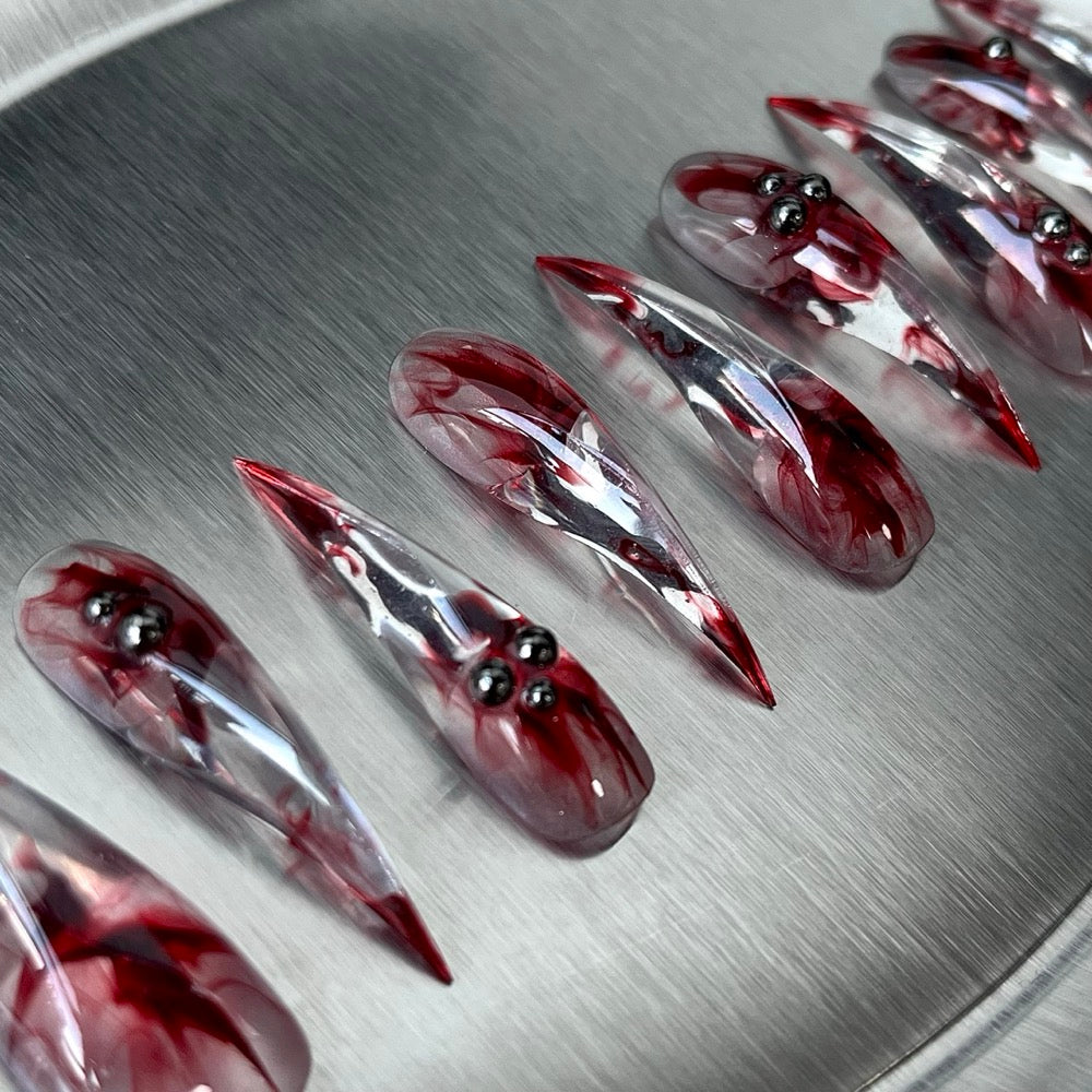 Crimson Ink XL - Red Marble Long Handmade Dragon Press-On Nails