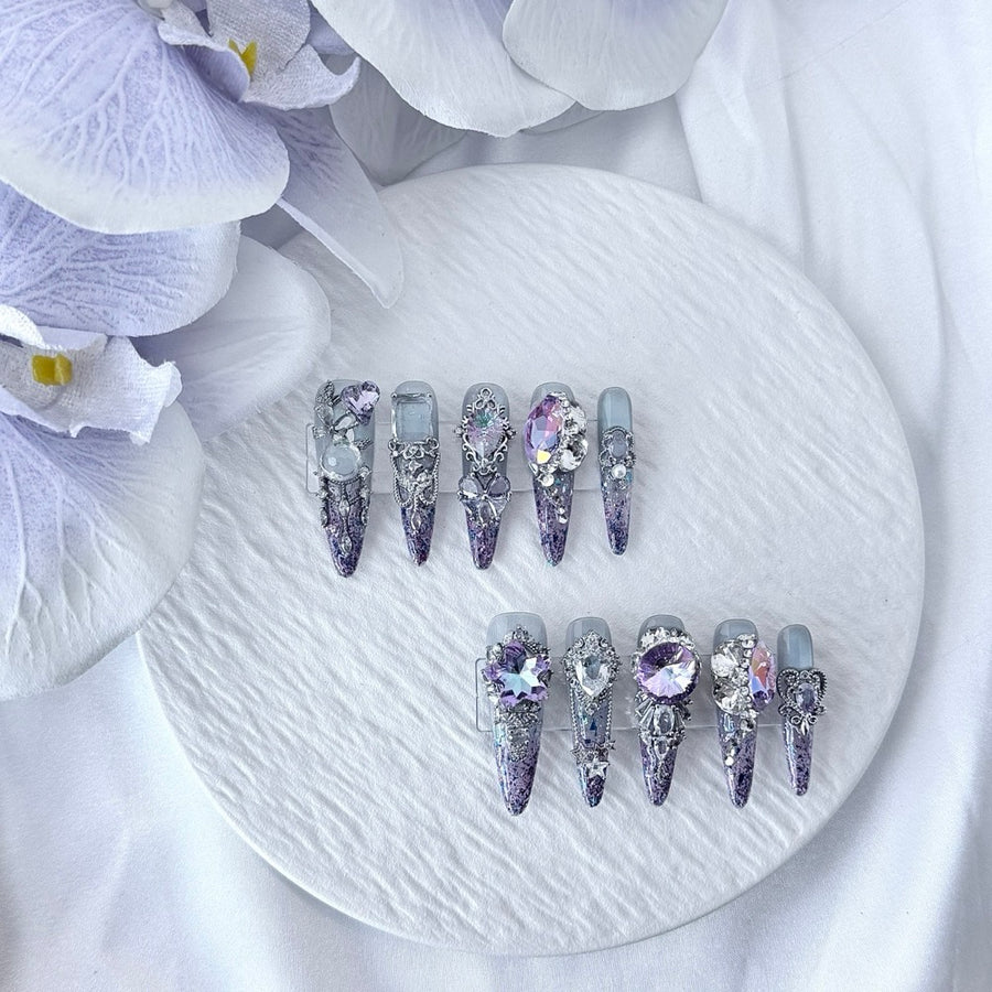 handartnails: "Amethyst Moonlight" – Purple Crystal Cat Eye Handmade Stiletto Nails