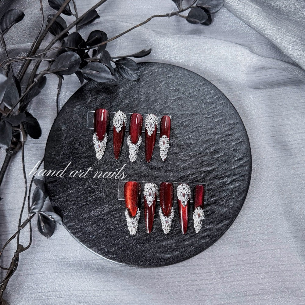 "Burgundy Rhinestone Crown Cat Eye" - 3D Jeweled Luxury Collection