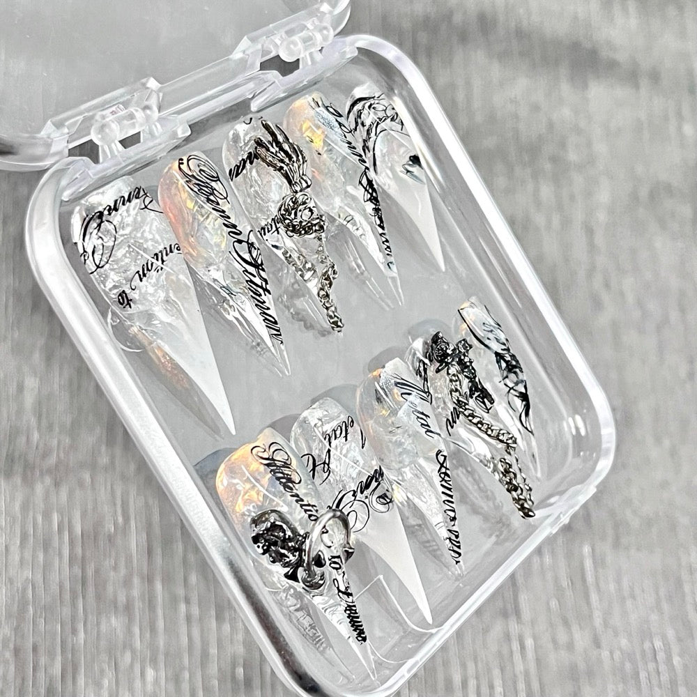 "Clear Skeleton Script" - 3D Pierced Gothic Press-On Nails