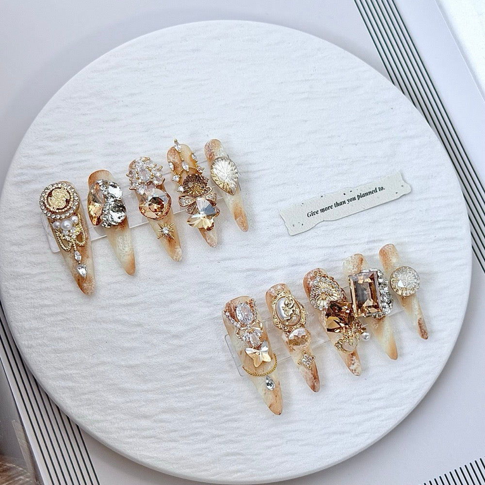 handartnails: "Golden Hour Relic" – Champagne Crystal Baroque Handmade Stiletto Nails