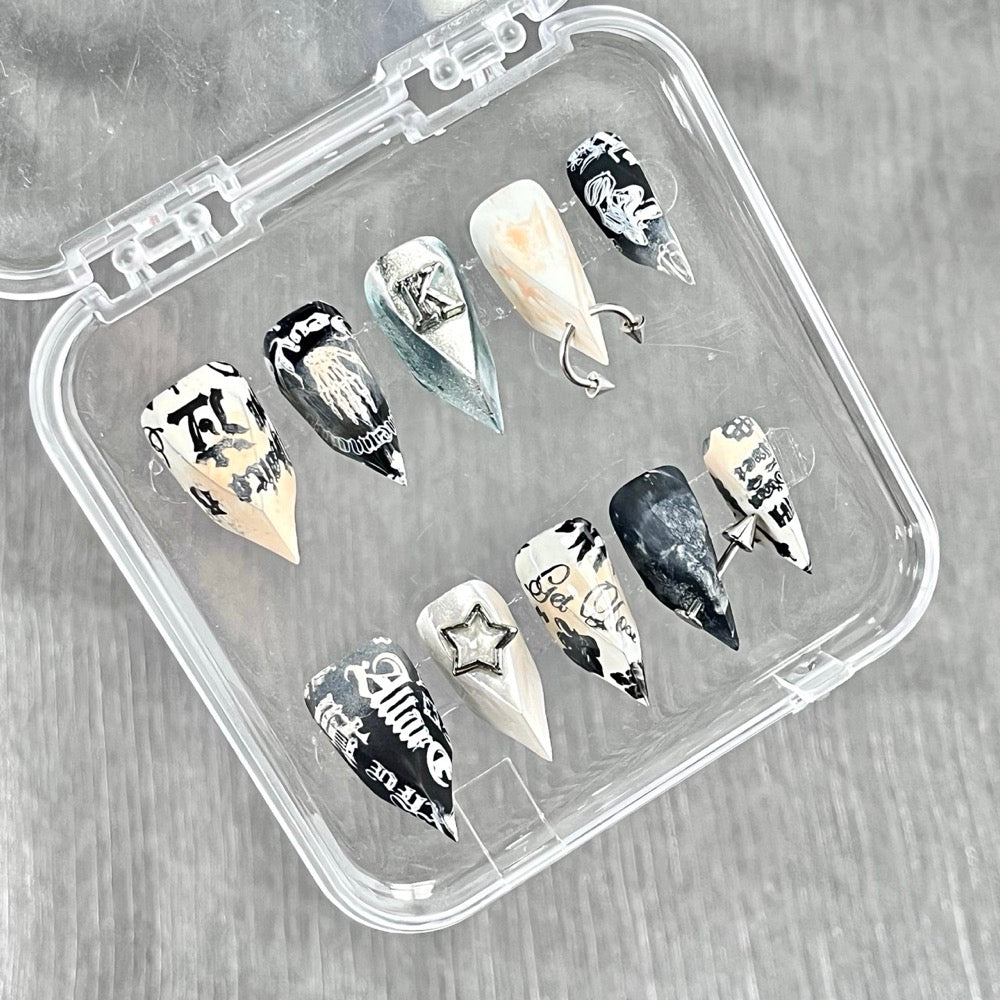 "Monochrome Street Script" - Mismatched Pierced Y2K Nails
