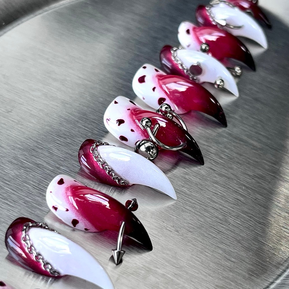 Cherry Cross - Pink White Gothic Handmade Cat Claw Press-On Nails