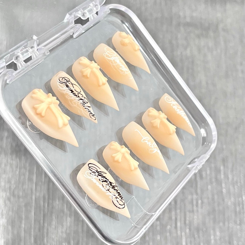 "Matte Nude Gothic Cross" - 3D Embossed Calligraphy Nails