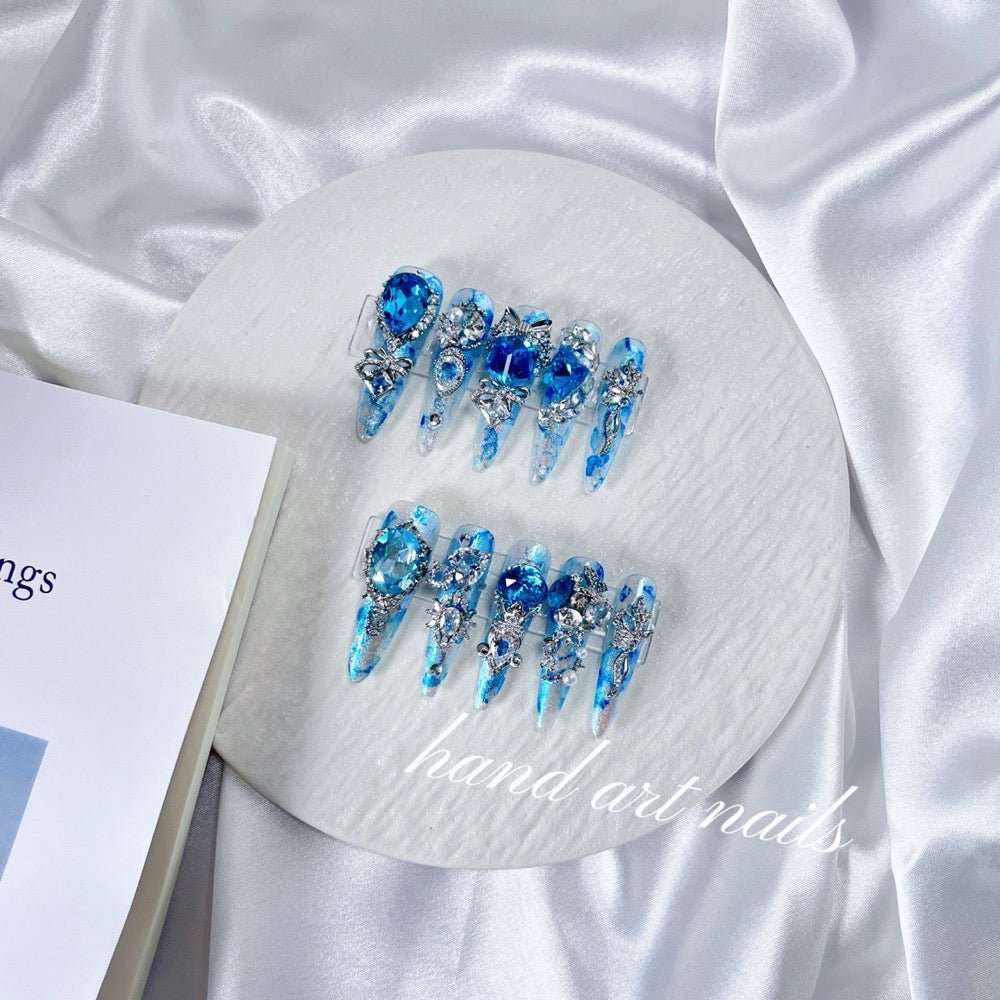 Electric Blue Crystal Luxury Handmade Press On Nails - Handartnails