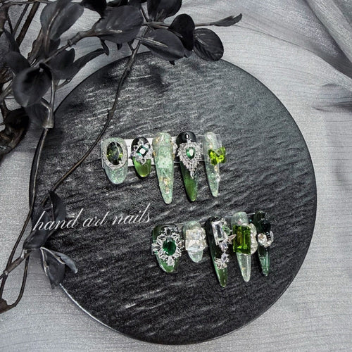"Emerald Dark Fairy" - 3D Jeweled Gothic Mismatched Press-On Nails - Handartnails