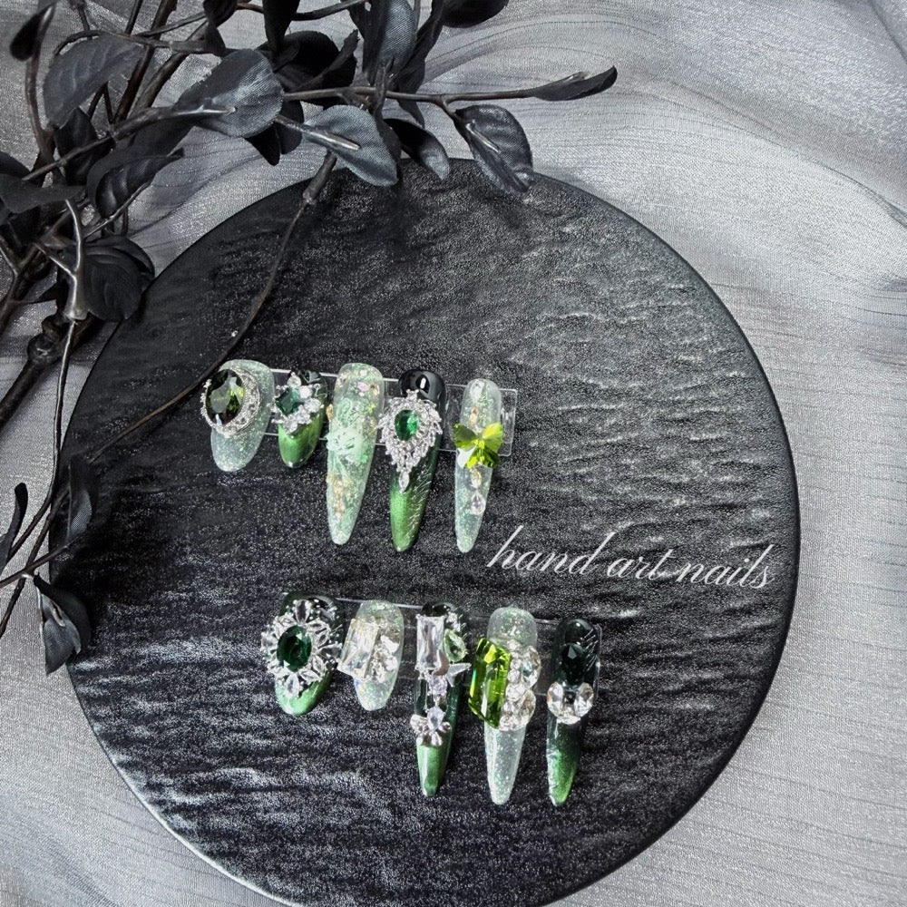 "Emerald Dark Fairy" - 3D Jeweled Gothic Mismatched Press-On Nails - Handartnails