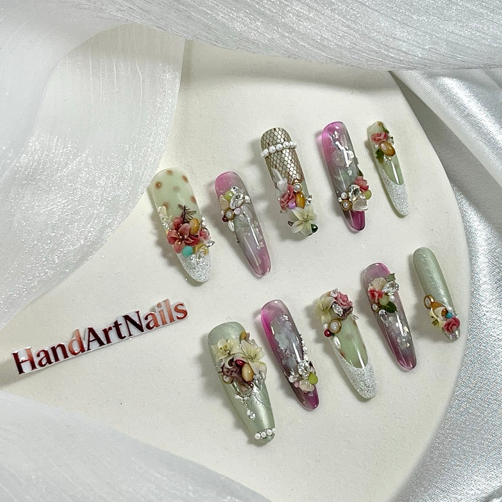 Verdant Opulence - Baroque Floral Jewel Press-On Nails