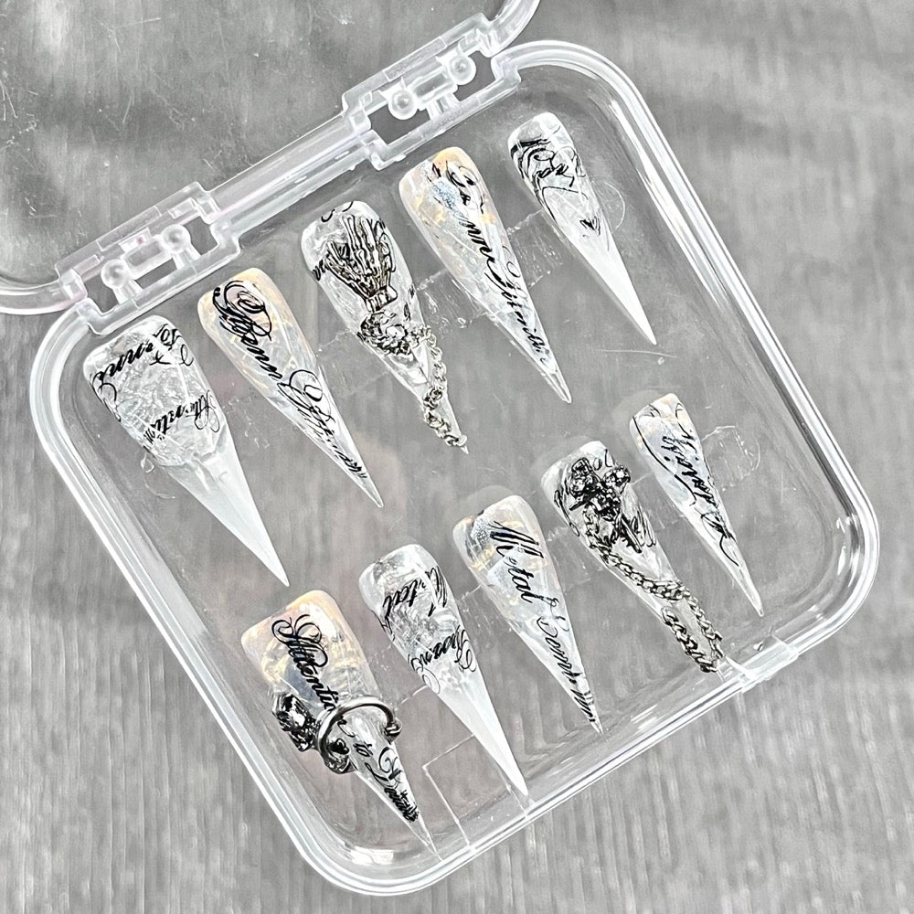 "Clear Skeleton Script" - 3D Pierced Gothic Press-On Nails