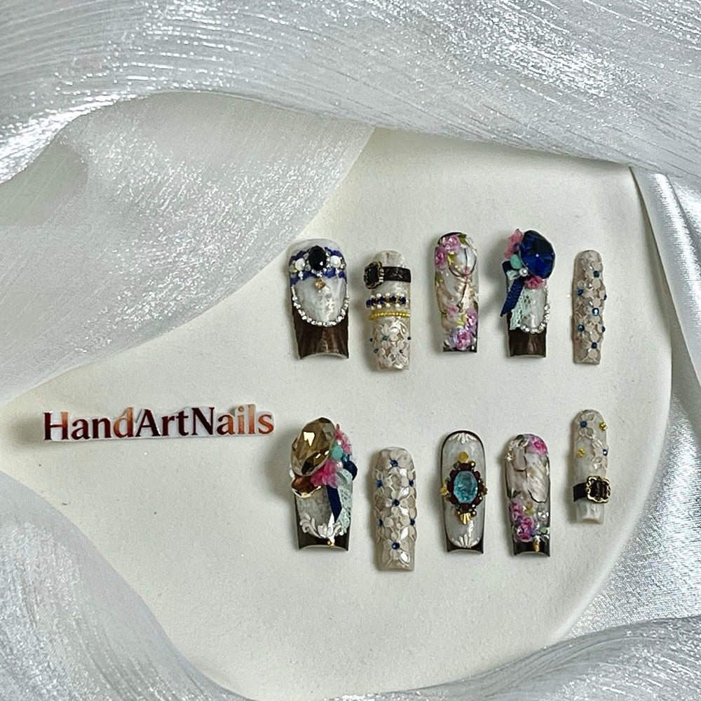 Sapphire Reverie - Baroque Lace Jewel Press-On Nails