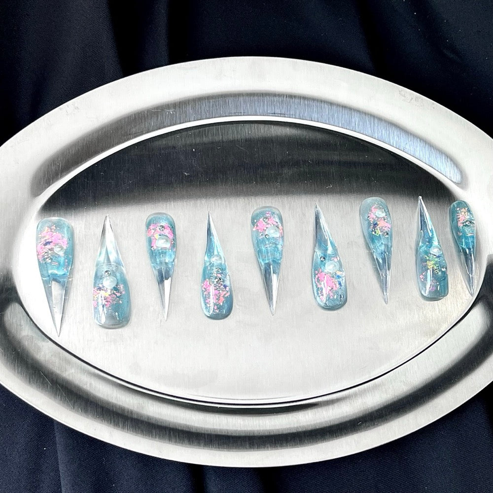 Crystal Garden - Blue Floral Glass Handmade Dragon Press-On Nails