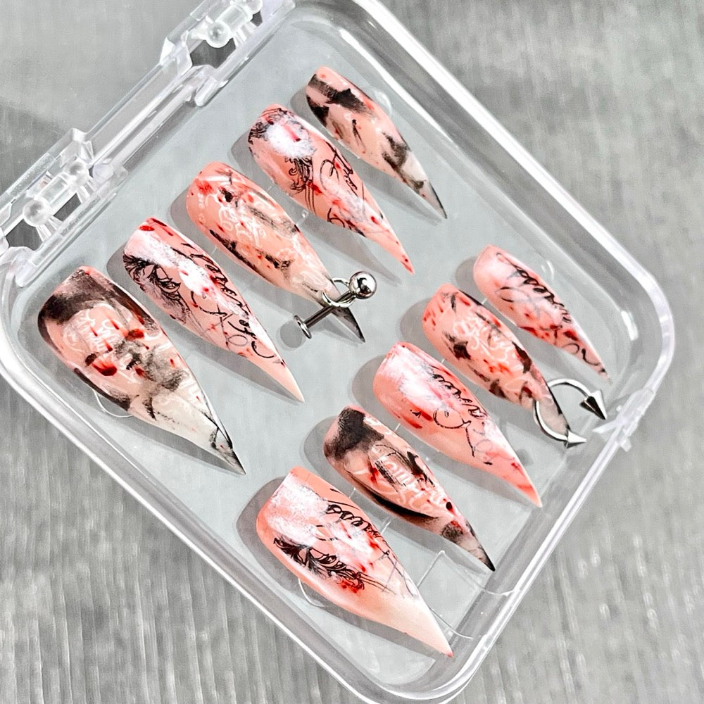 "Pink Tattoo Script" - Y2K Pierced Grunge Press-On Nails