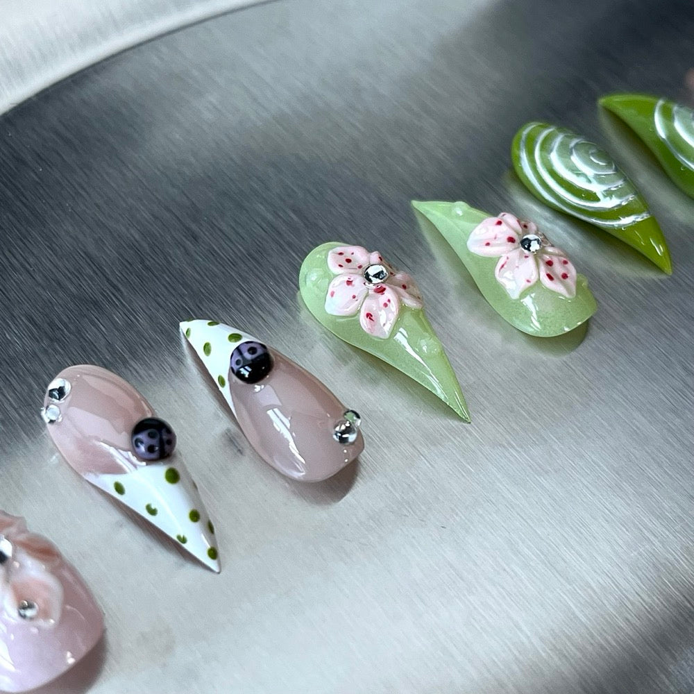 Matcha Picnic - Green Pink 3D Handmade Dragon Press-On Nails