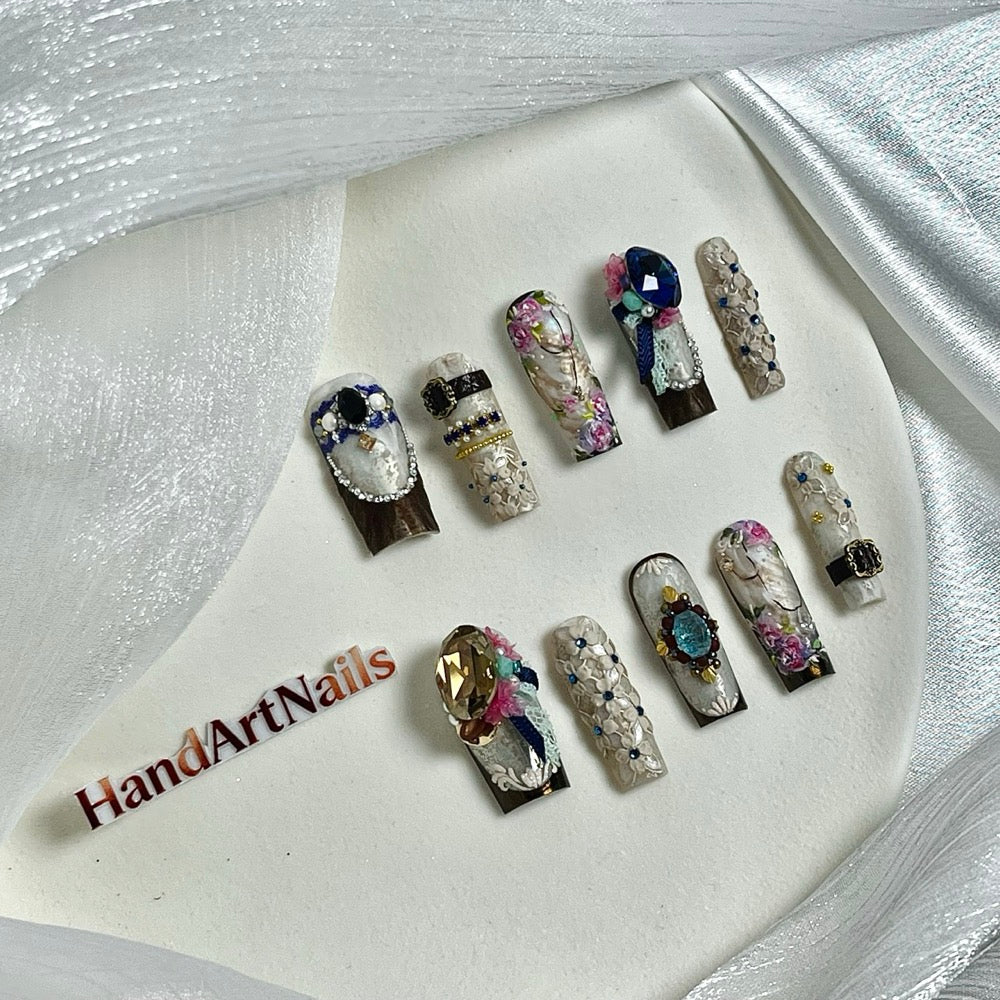 Sapphire Reverie - Baroque Lace Jewel Press-On Nails